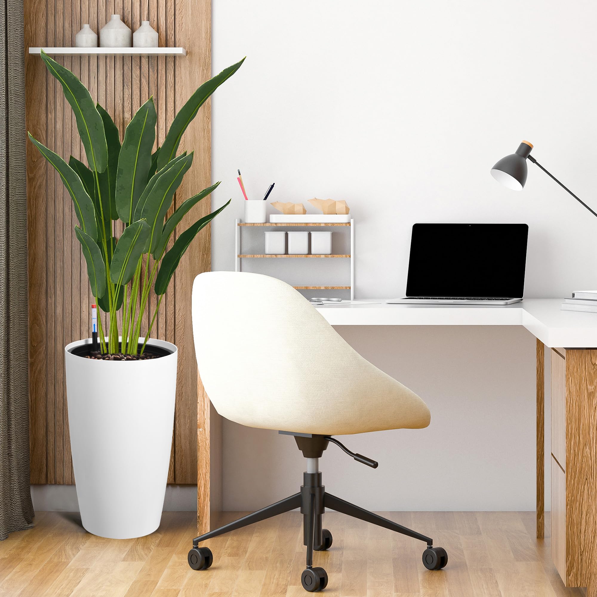 Garvee Tall Planters for Outdoor Plants, 22 in Large Planters Set of 2, Outdoor & Indoor Planters with Water Level Monitor ＆ Inner Bucket, Automatic Watering, for Porch, Patio, Backyard, White - Image 6