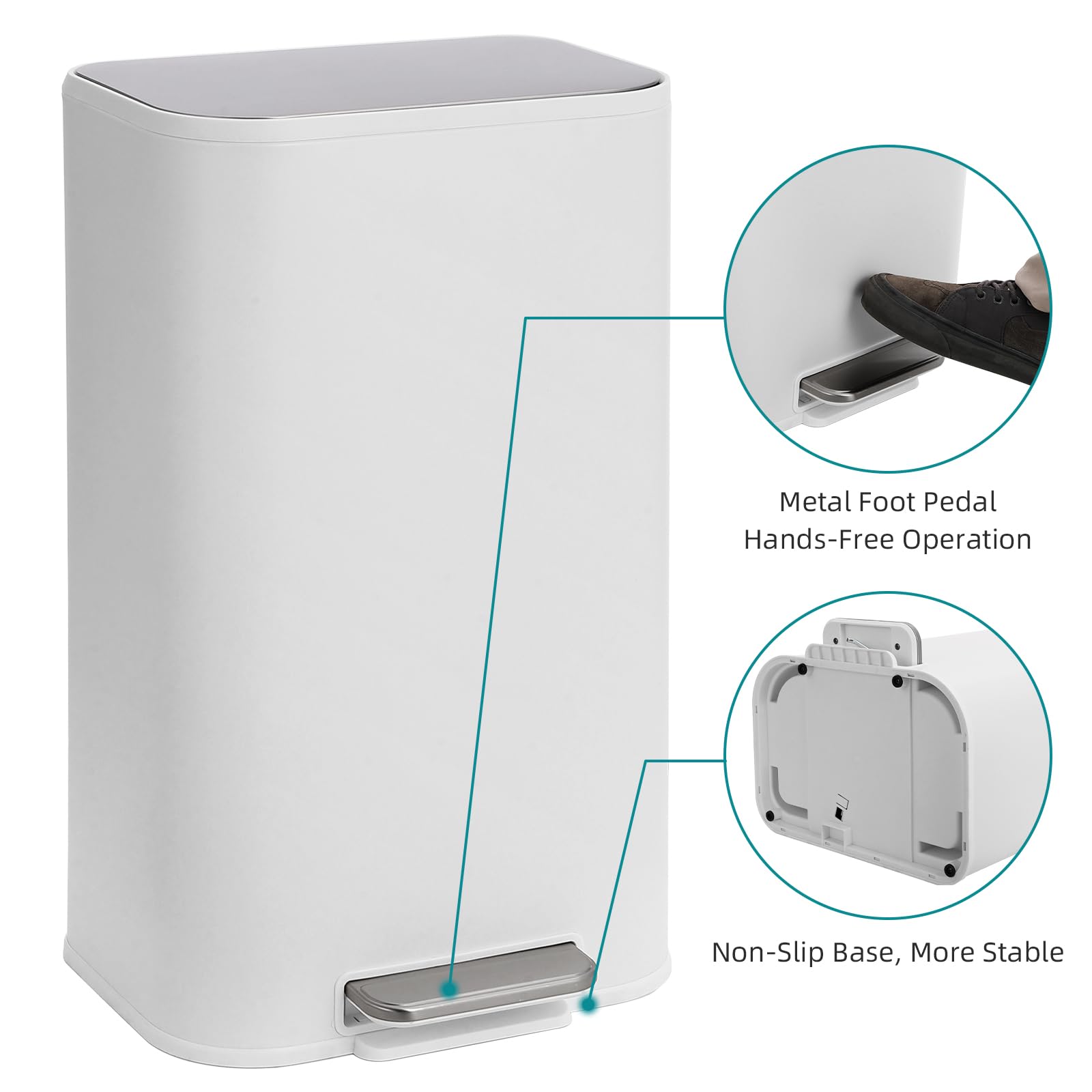 Garvee Trash Can with Lid, 8 gal Step Open Garbage Can, Stainless Steel Waste Bin with Removable Inner Bucket, Rectangular, for Kitchen Bathroom, Office, Living Room (30 L, White) - Image 5