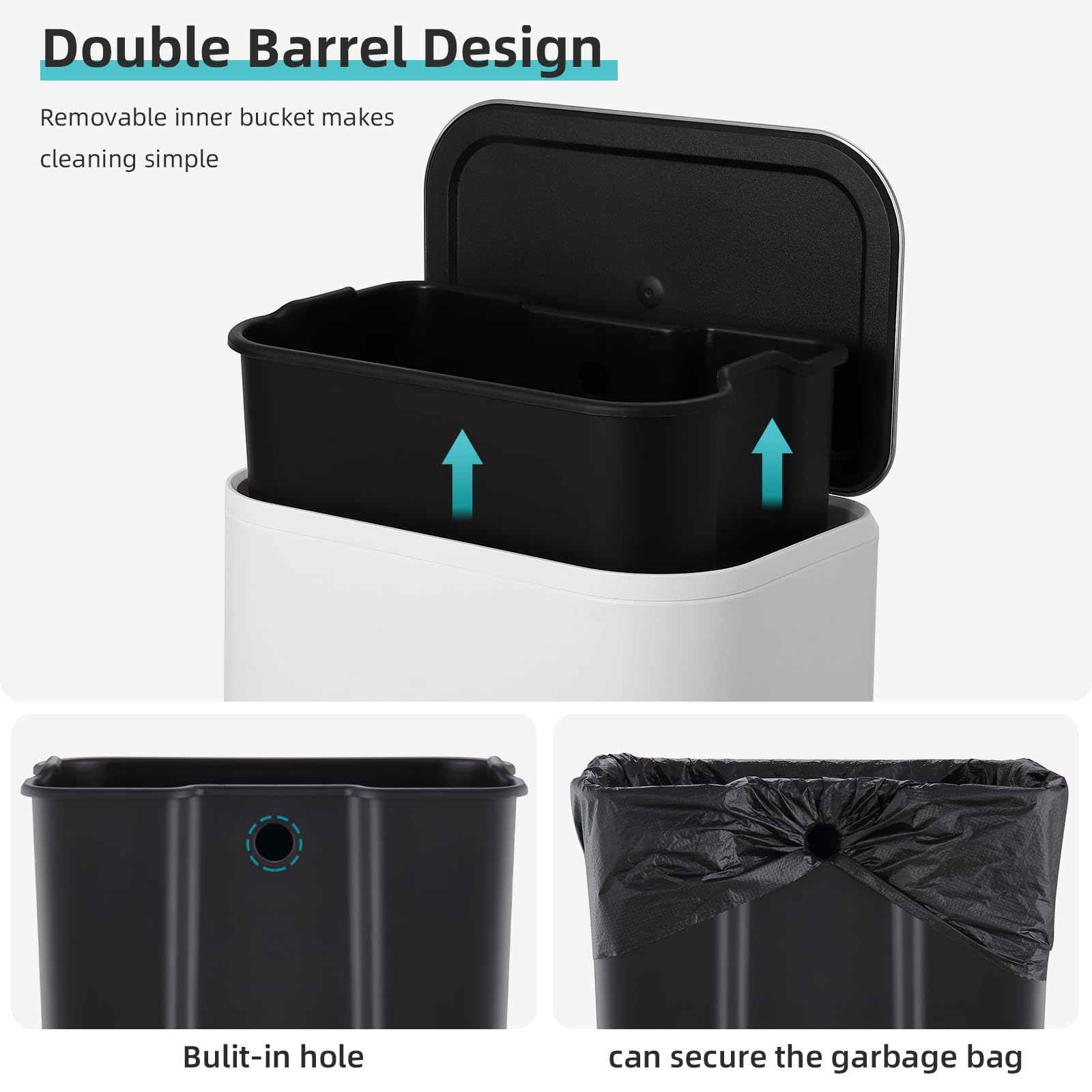 Garvee Trash Can with Lid, 8 gal Step Open Garbage Can, Stainless Steel Waste Bin with Removable Inner Bucket, Rectangular, for Kitchen Bathroom, Office, Living Room (30 L, White) - Image 6