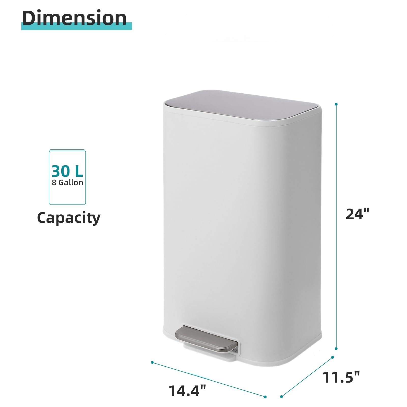 Garvee Trash Can with Lid, 8 gal Step Open Garbage Can, Stainless Steel Waste Bin with Removable Inner Bucket, Rectangular, for Kitchen Bathroom, Office, Living Room (30 L, White) - Image 7