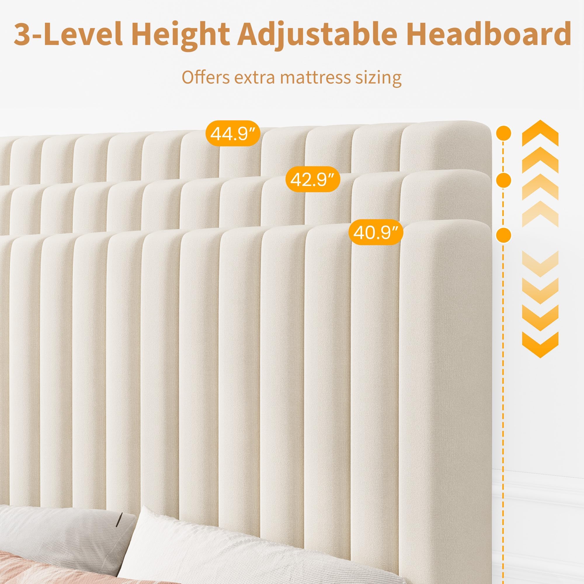 Garvee Twin Size Velvet Bed Frame, Vertical Channel Tufted Headboard, Height Adjustable, Upholstered Platform Bed, No Box Spring Needed, Beige - Image 3