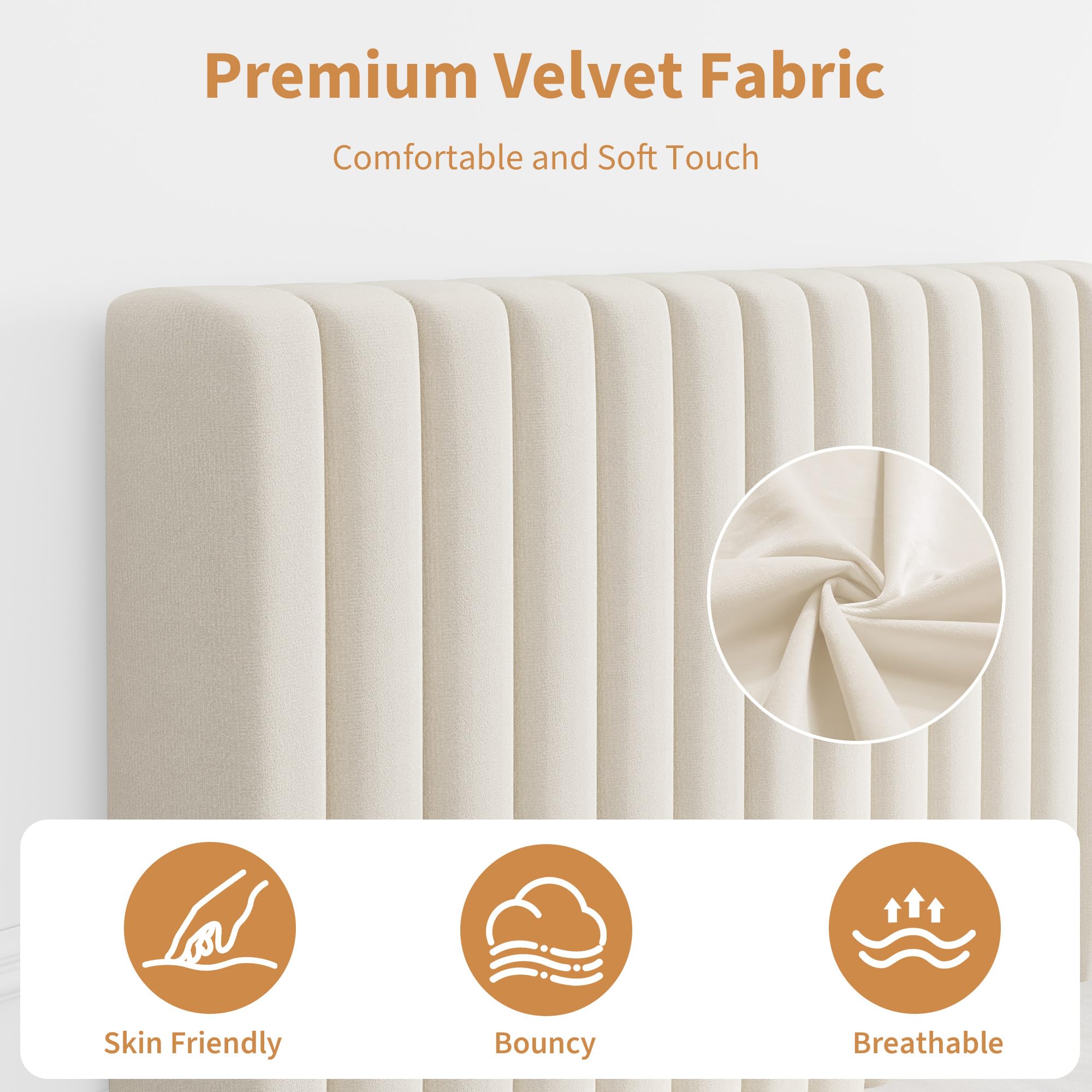 Garvee Twin Size Velvet Bed Frame, Vertical Channel Tufted Headboard, Height Adjustable, Upholstered Platform Bed, No Box Spring Needed, Beige - Image 4