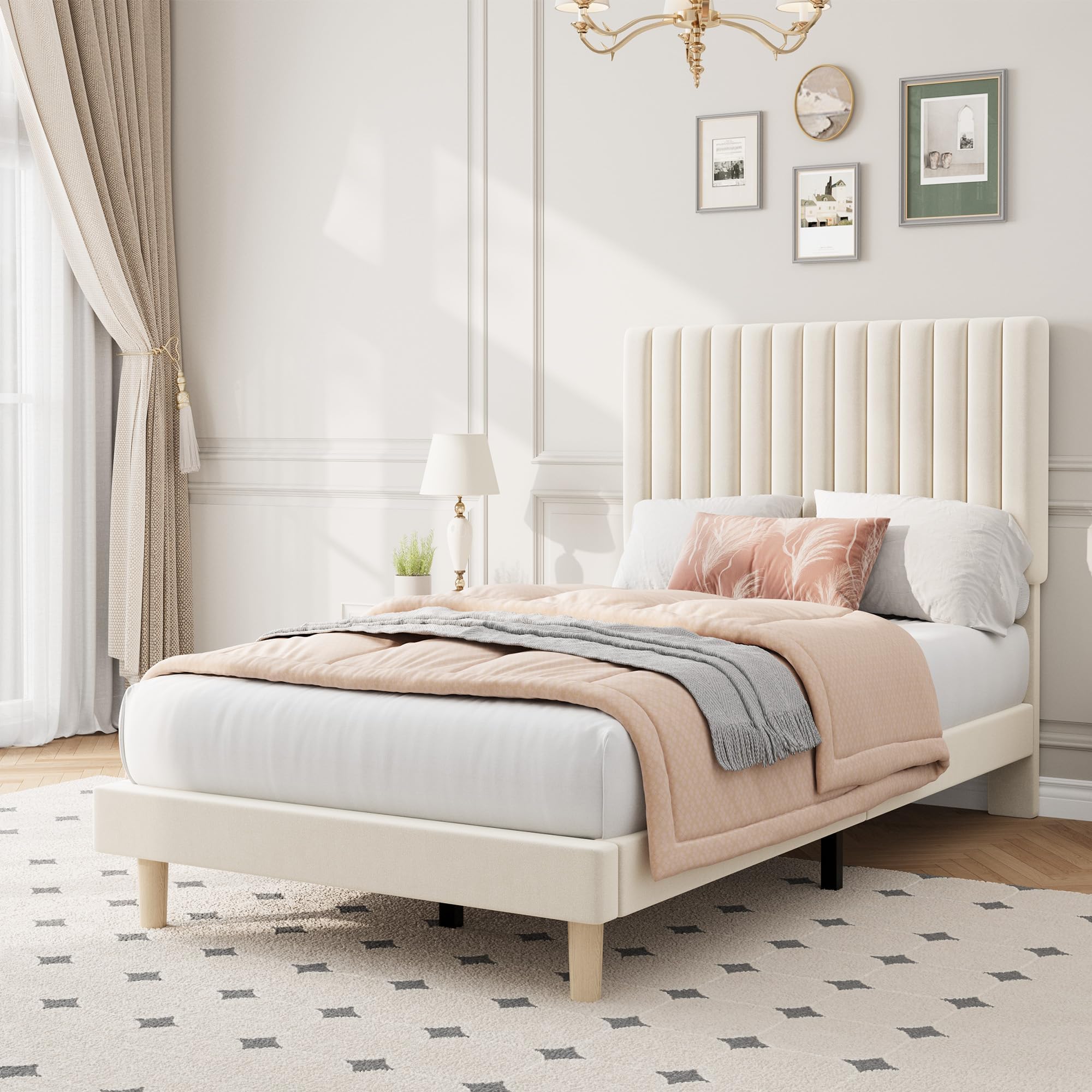 Garvee Twin Size Velvet Bed Frame, Vertical Channel Tufted Headboard, Height Adjustable, Upholstered Platform Bed, No Box Spring Needed, Beige - Image 5