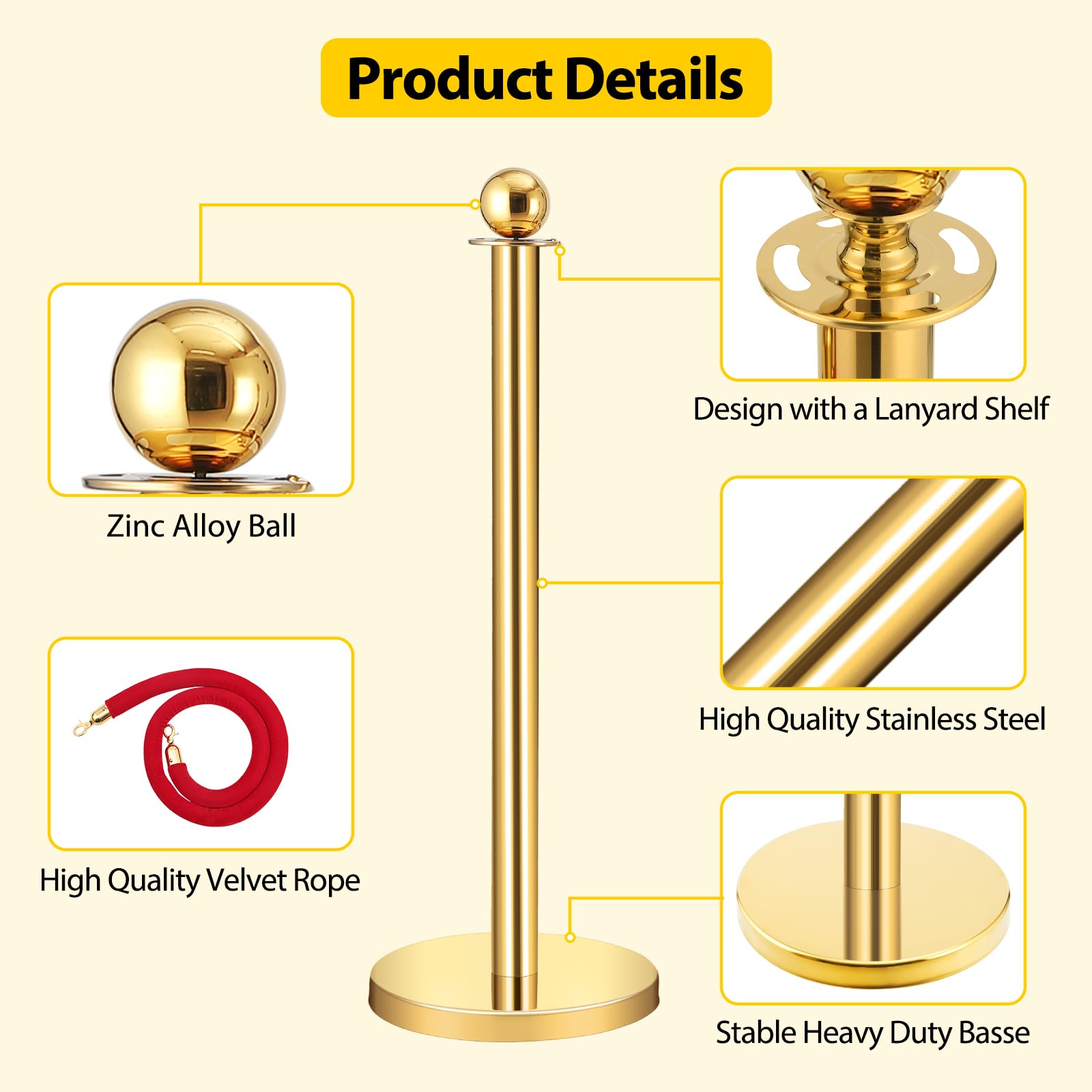 GARVEE Velvet Ropes and Posts, Crowd Control Barriers, 4 Red Velvet Rope 5 ft, 6 Pcs 38 in Gold Stanchion Post with Ball Top for Red Carpet, Theaters, Parties, Wedding, Exhibition - Image 3