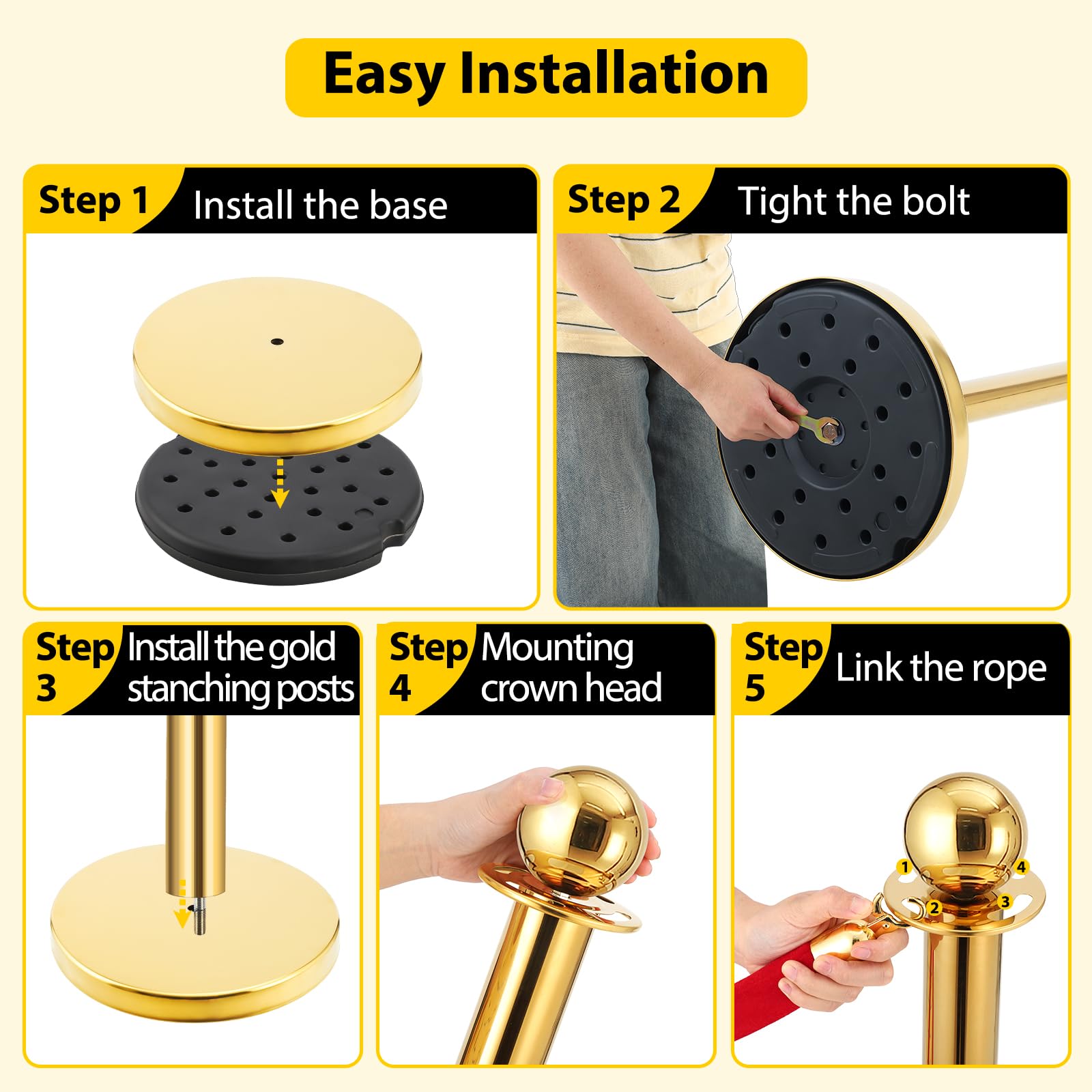 GARVEE Velvet Ropes and Posts, Crowd Control Barriers, 4 Red Velvet Rope 5 ft, 6 Pcs 38 in Gold Stanchion Post with Ball Top for Red Carpet, Theaters, Parties, Wedding, Exhibition - Image 4