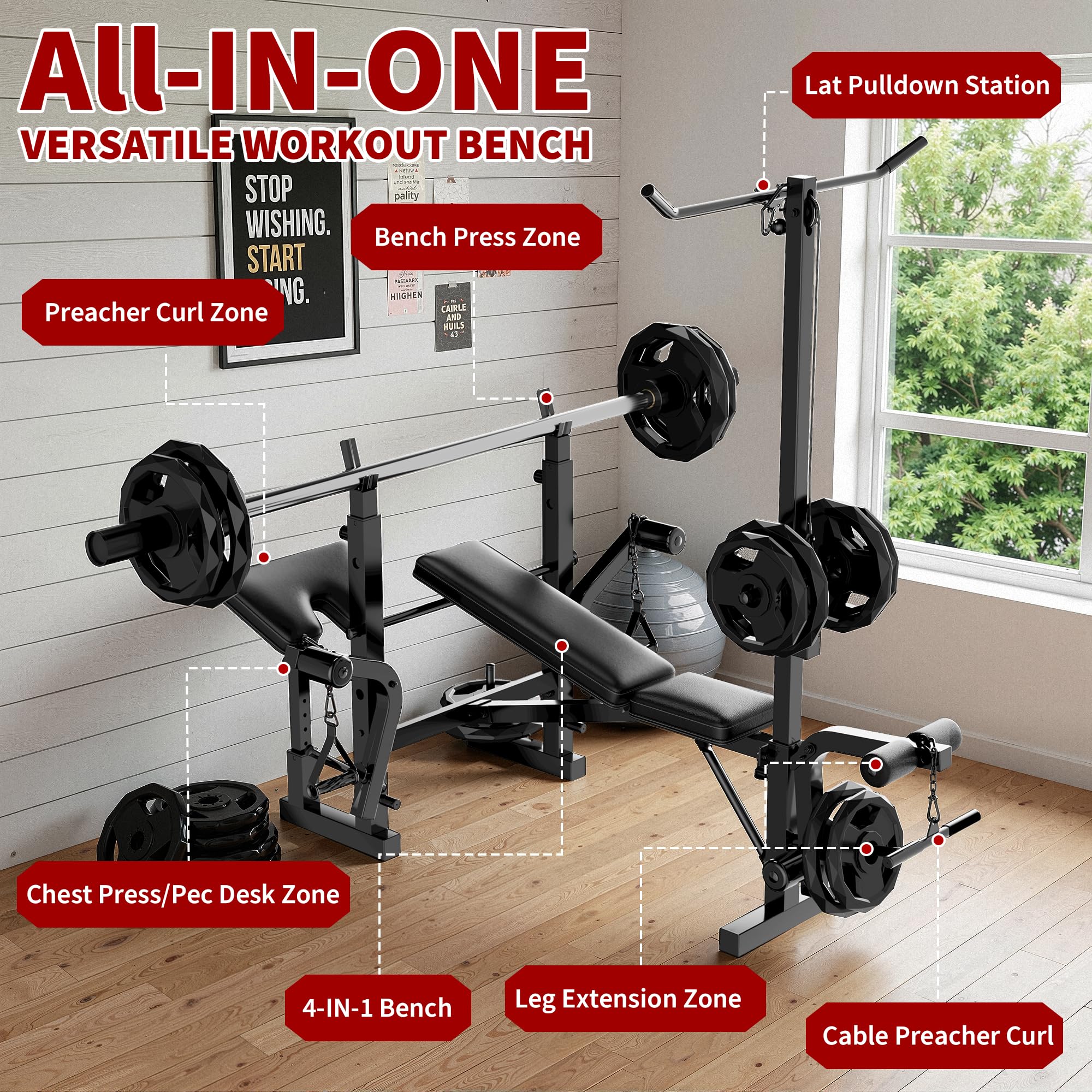 Garvee Weight Bench Set for Home Gym, Multi-Function Bench Press Set with Preacher Curl Pad & Chest Fly, Leg Extension and Leg Curl, Lat Pulldown, Full Body Strength Trainer Equipment - Image 5