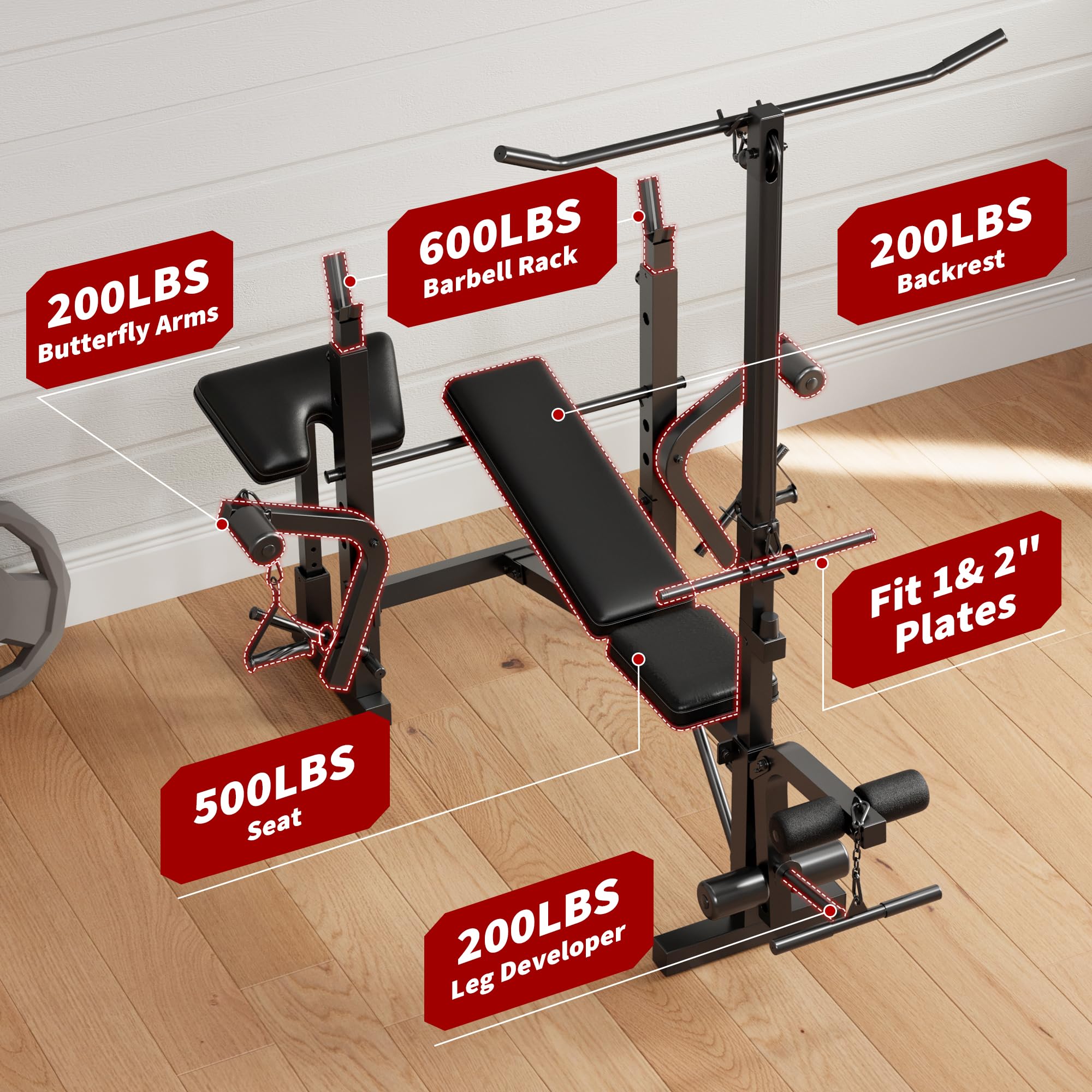 Garvee Weight Bench Set for Home Gym, Multi-Function Bench Press Set with Preacher Curl Pad & Chest Fly, Leg Extension and Leg Curl, Lat Pulldown, Full Body Strength Trainer Equipment - Image 6