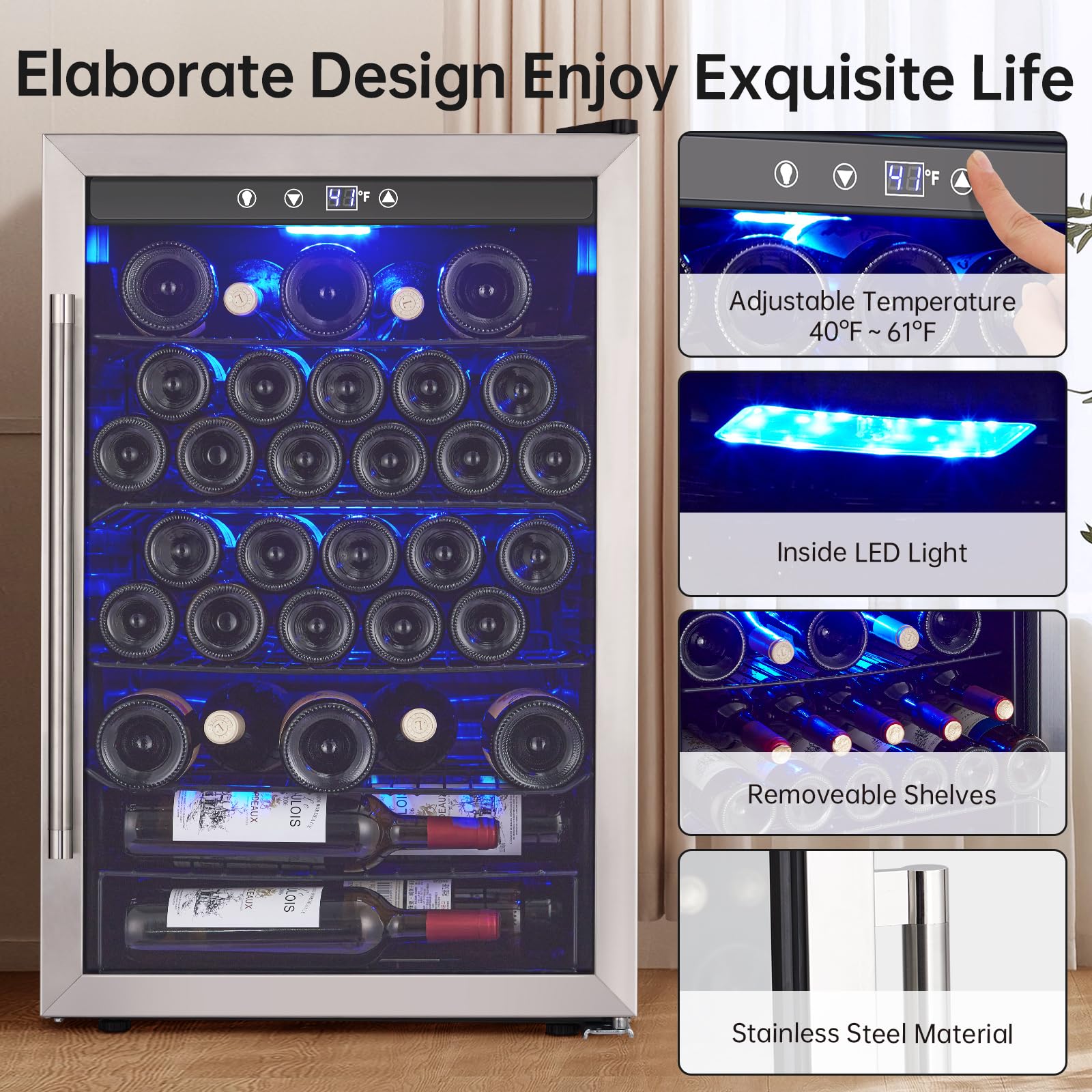 Garvee Wine Fridge 36 Bottle, Wine Cooler Refrigerator with 40~61°F Digital Temperature Control, Wine Refrigerator Freestanding for Red White Wine, Champagne, Beer with Blue Interior Light - Image 3