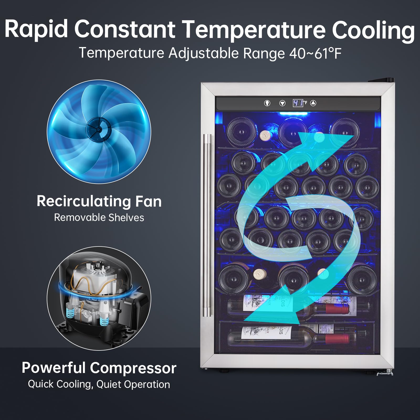 Garvee Wine Fridge 36 Bottle, Wine Cooler Refrigerator with 40~61°F Digital Temperature Control, Wine Refrigerator Freestanding for Red White Wine, Champagne, Beer with Blue Interior Light - Image 6