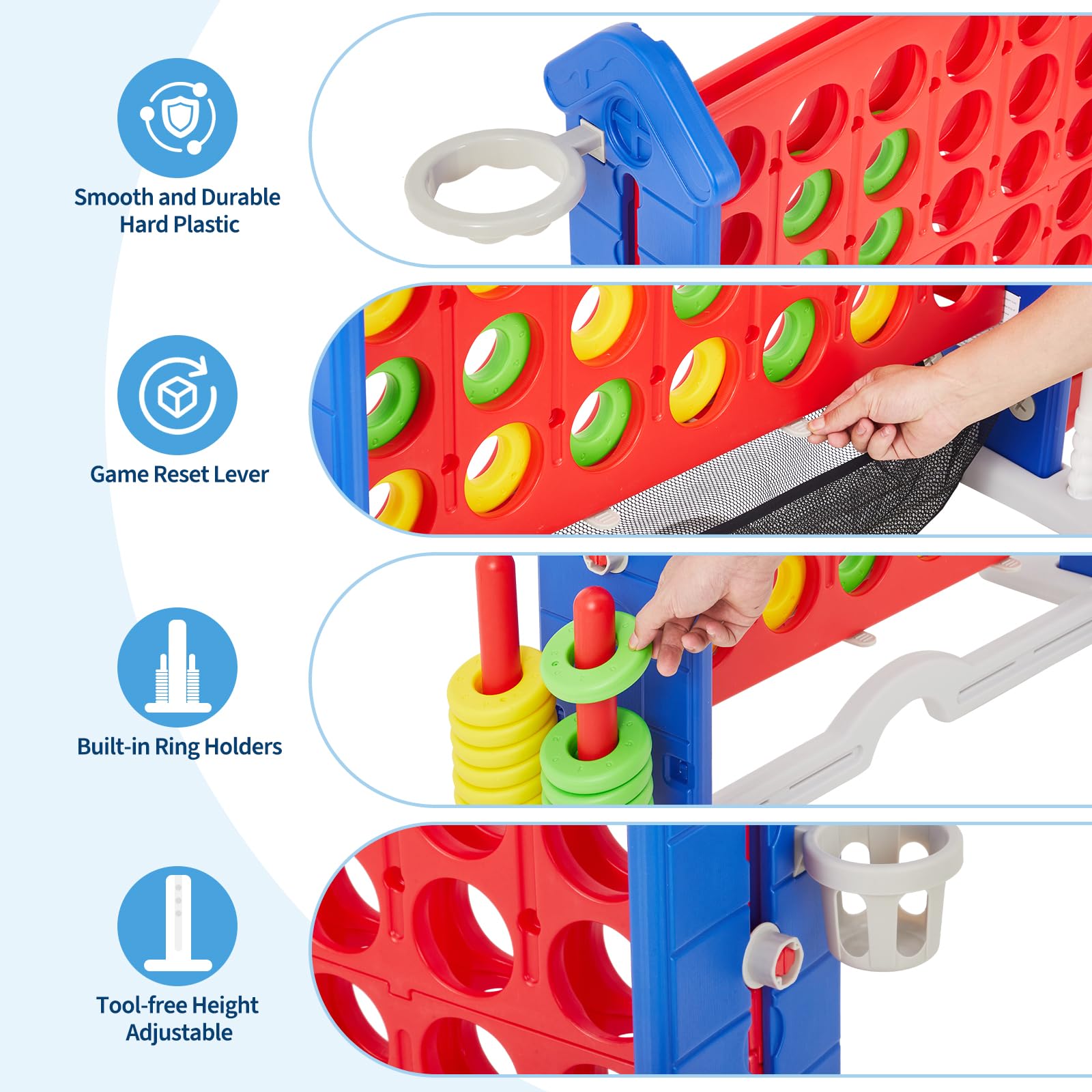 Giant 4 in a Row Game,Adjustable Height Board Jumbo 4-in-a-Row Game with Quick-Release Slider,Mini Basketball,Golf & Ring Toss Set for Family Party, Outdoor & Indoor - Image 3