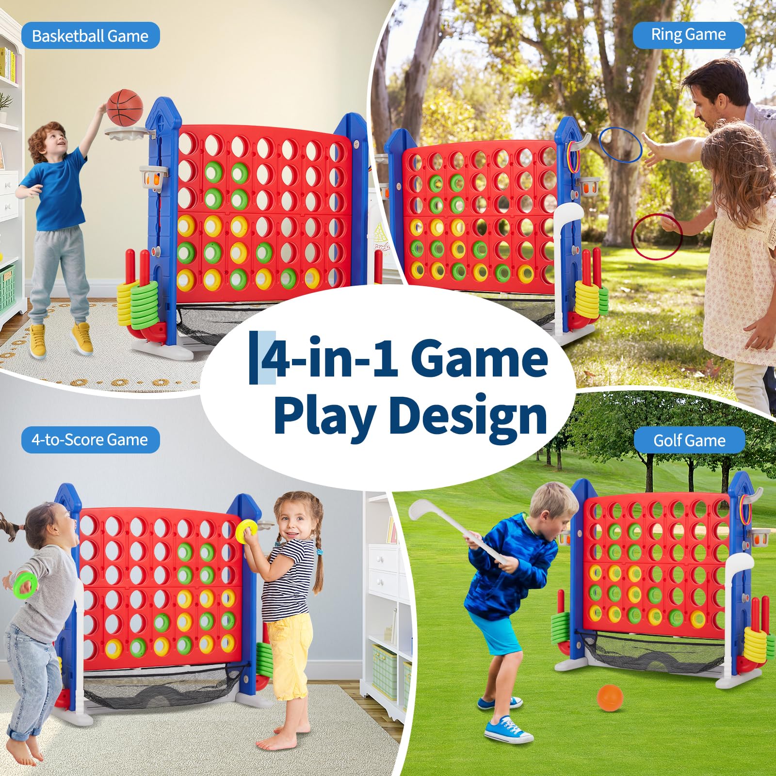 Giant 4 in a Row Game,Adjustable Height Board Jumbo 4-in-a-Row Game with Quick-Release Slider,Mini Basketball,Golf & Ring Toss Set for Family Party, Outdoor & Indoor - Image 4
