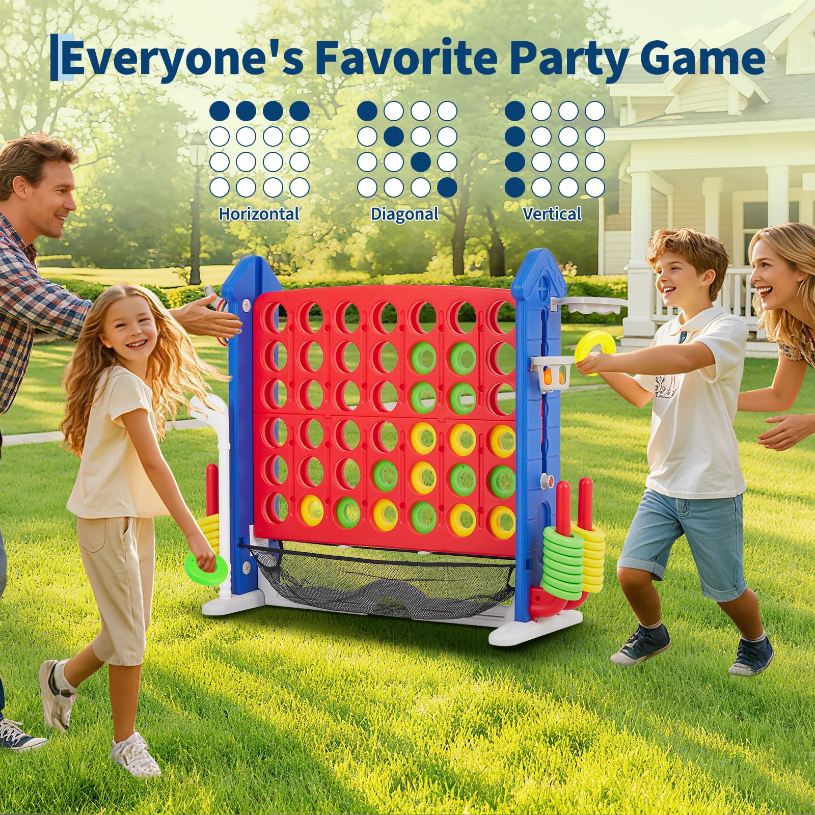 Giant 4 in a Row Game,Adjustable Height Board Jumbo 4-in-a-Row Game with Quick-Release Slider,Mini Basketball,Golf & Ring Toss Set for Family Party, Outdoor & Indoor - Image 6