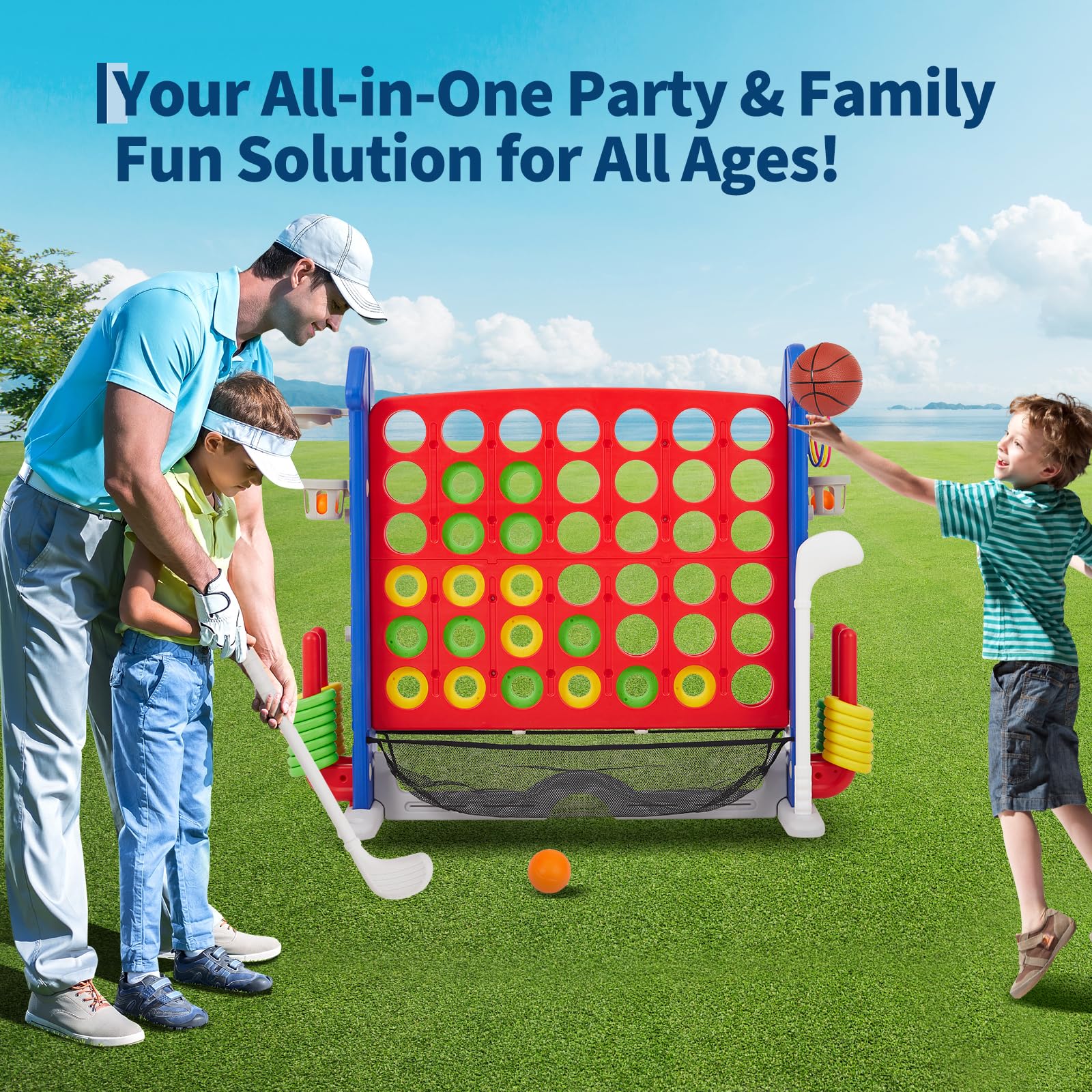 Giant 4 in a Row Game,Adjustable Height Board Jumbo 4-in-a-Row Game with Quick-Release Slider,Mini Basketball,Golf & Ring Toss Set for Family Party, Outdoor & Indoor - Image 7