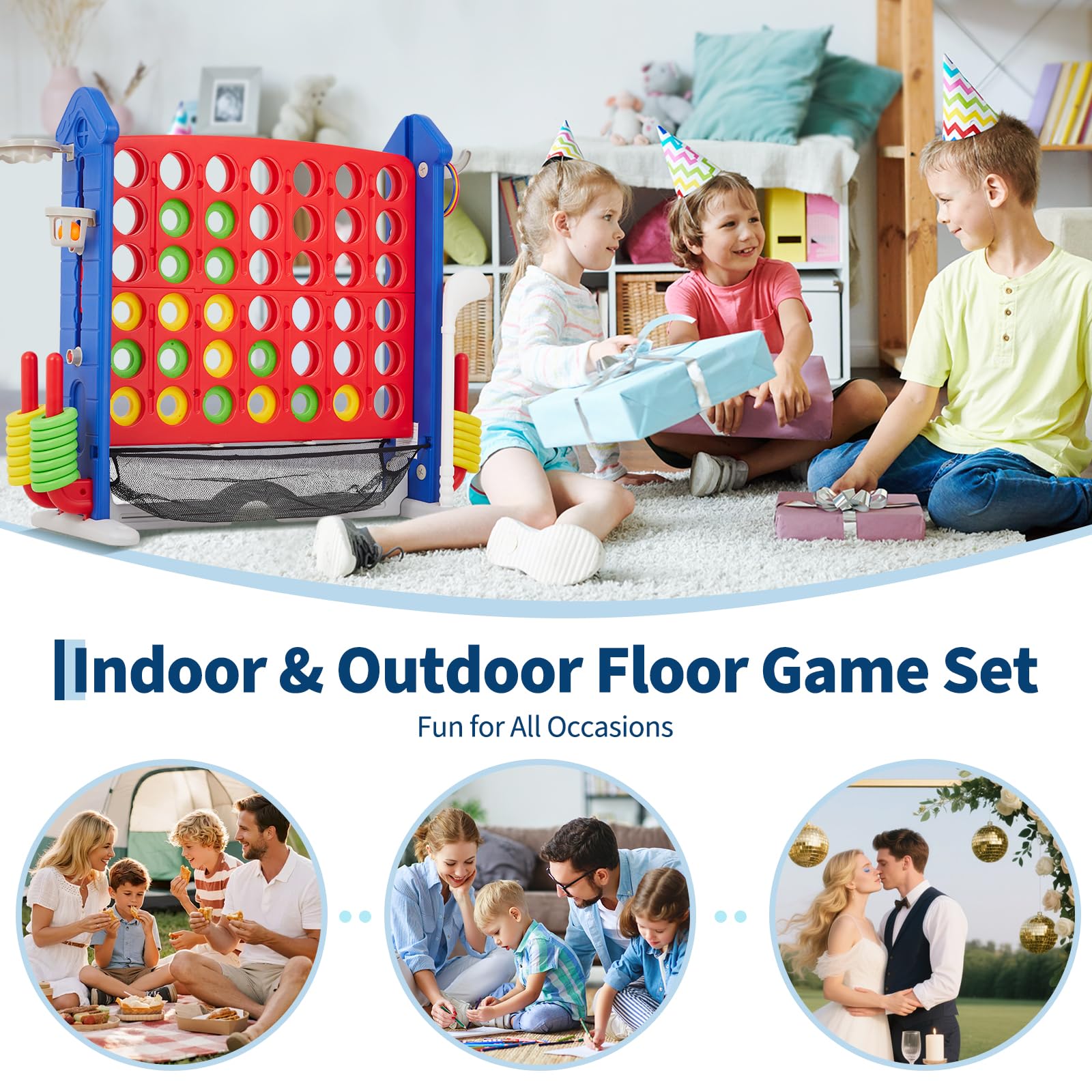 Giant 4 in a Row Game,Adjustable Height Board Jumbo 4-in-a-Row Game with Quick-Release Slider,Mini Basketball,Golf & Ring Toss Set for Family Party, Outdoor & Indoor - Image 8