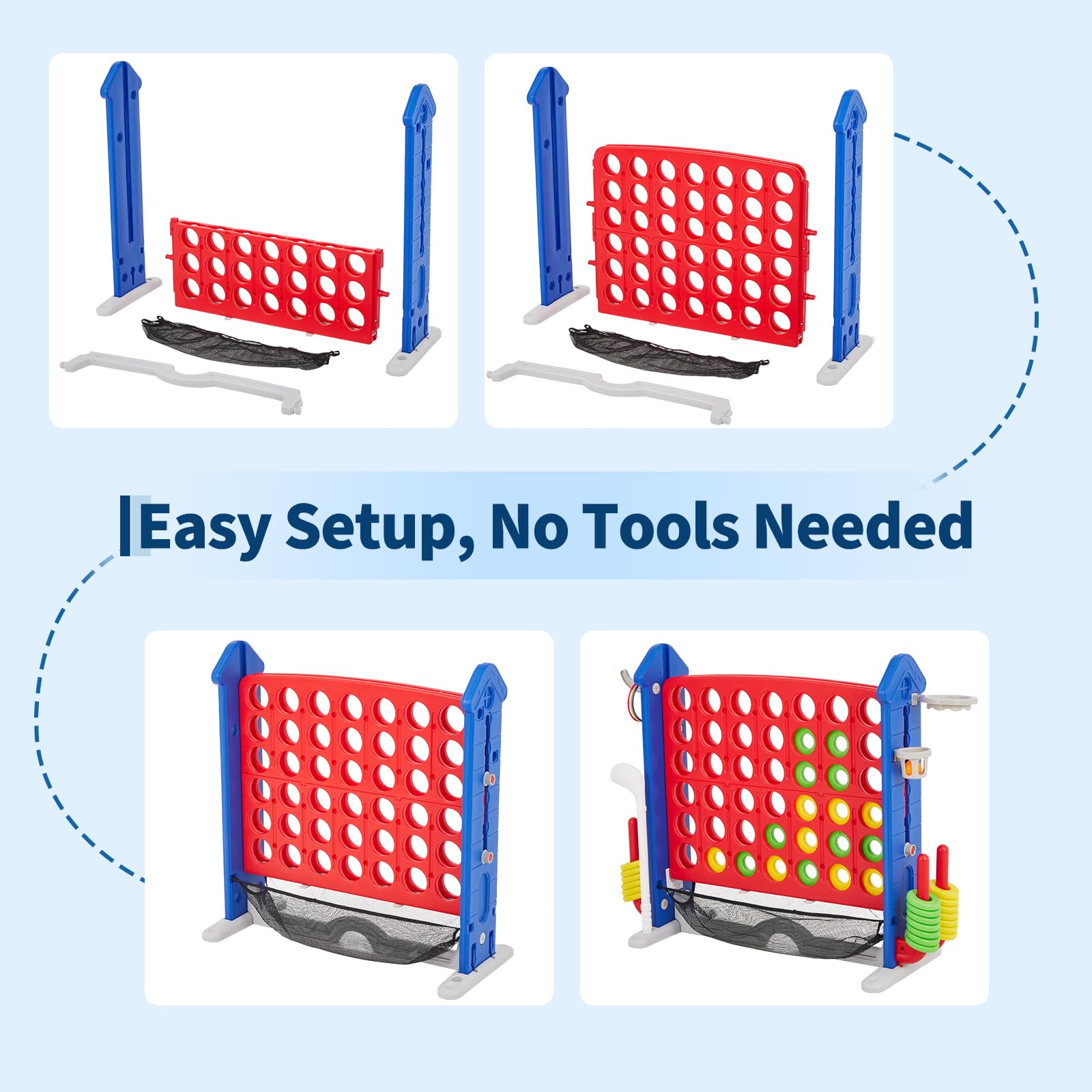 Giant 4 in a Row Game,Adjustable Height Board Jumbo 4-in-a-Row Game with Quick-Release Slider,Mini Basketball,Golf & Ring Toss Set for Family Party, Outdoor & Indoor - Image 9
