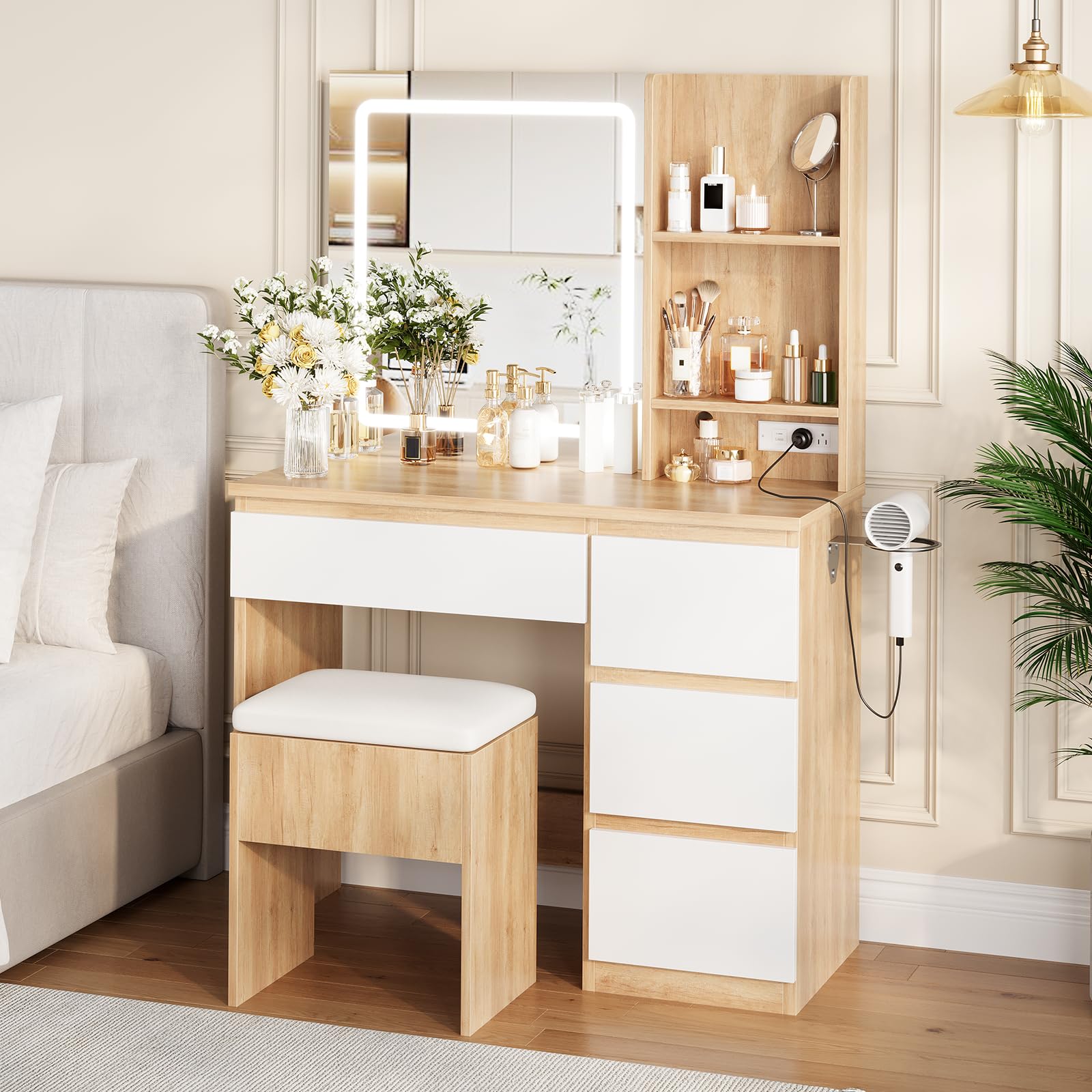 Makeup Vanity Desk with Lighted Mirror, Dressing Table Set with 4 Drawers, Power Outlet, Storage Stool, Storage Shelves, Vanity Mirror 3 Lighting Color Adjustable, Vanity Set for Bedroom, Natural - Image 4