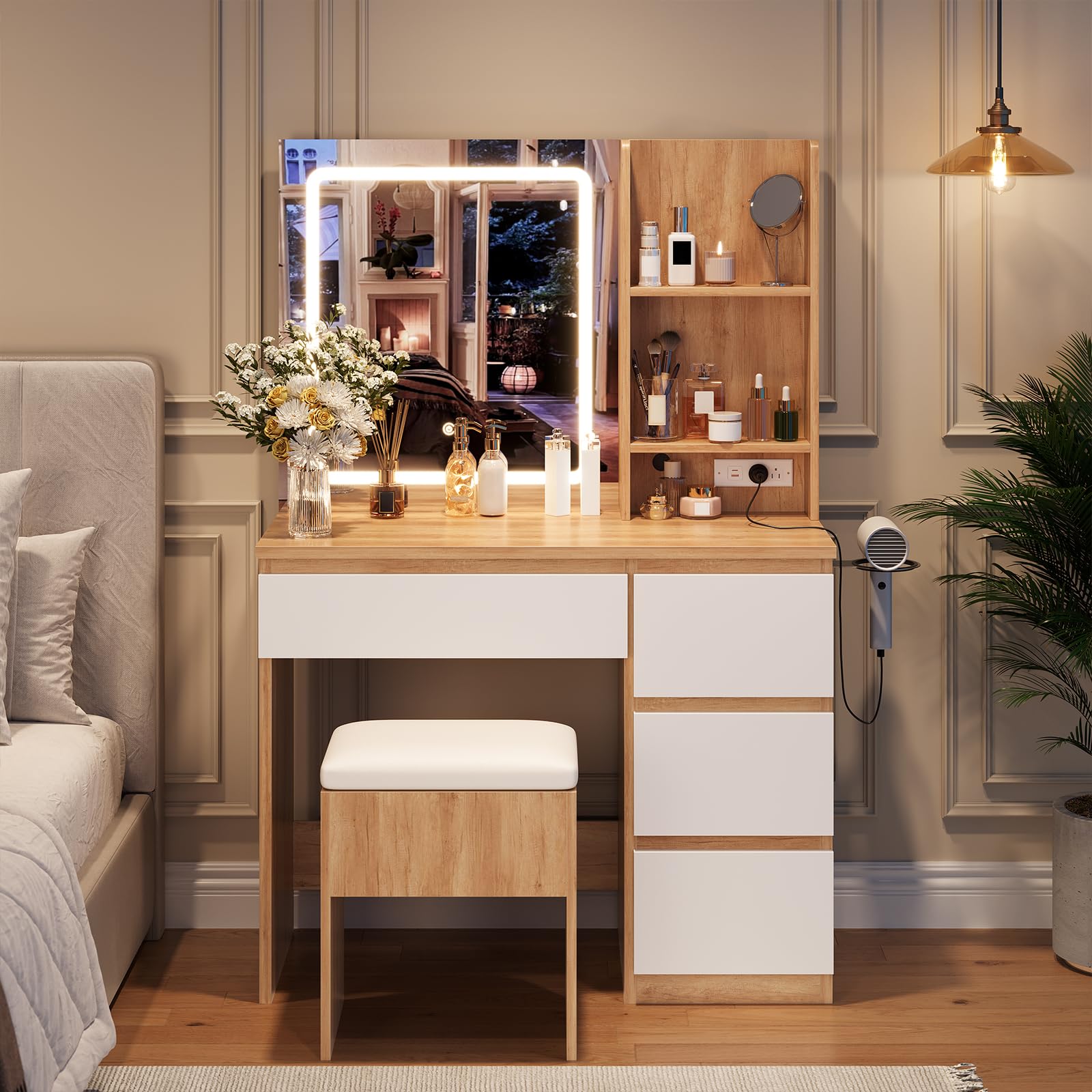Makeup Vanity Desk with Lighted Mirror, Dressing Table Set with 4 Drawers, Power Outlet, Storage Stool, Storage Shelves, Vanity Mirror 3 Lighting Color Adjustable, Vanity Set for Bedroom, Natural - Image 5