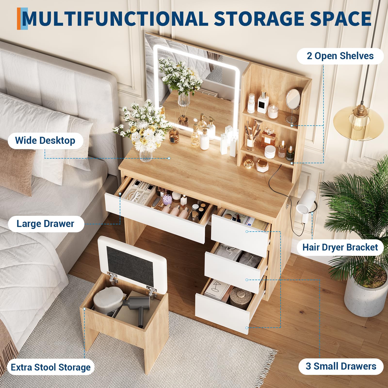 Makeup Vanity Desk with Lighted Mirror, Dressing Table Set with 4 Drawers, Power Outlet, Storage Stool, Storage Shelves, Vanity Mirror 3 Lighting Color Adjustable, Vanity Set for Bedroom, Natural - Image 6