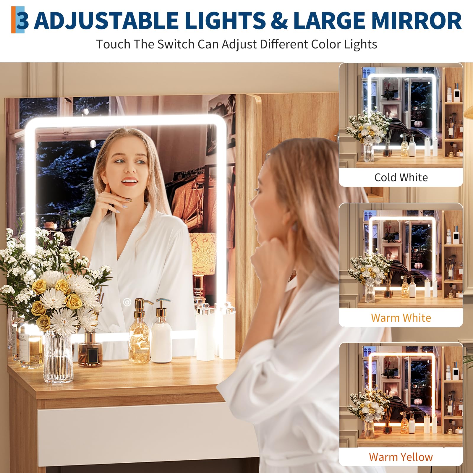 Makeup Vanity Desk with Lighted Mirror, Dressing Table Set with 4 Drawers, Power Outlet, Storage Stool, Storage Shelves, Vanity Mirror 3 Lighting Color Adjustable, Vanity Set for Bedroom, Natural - Image 7