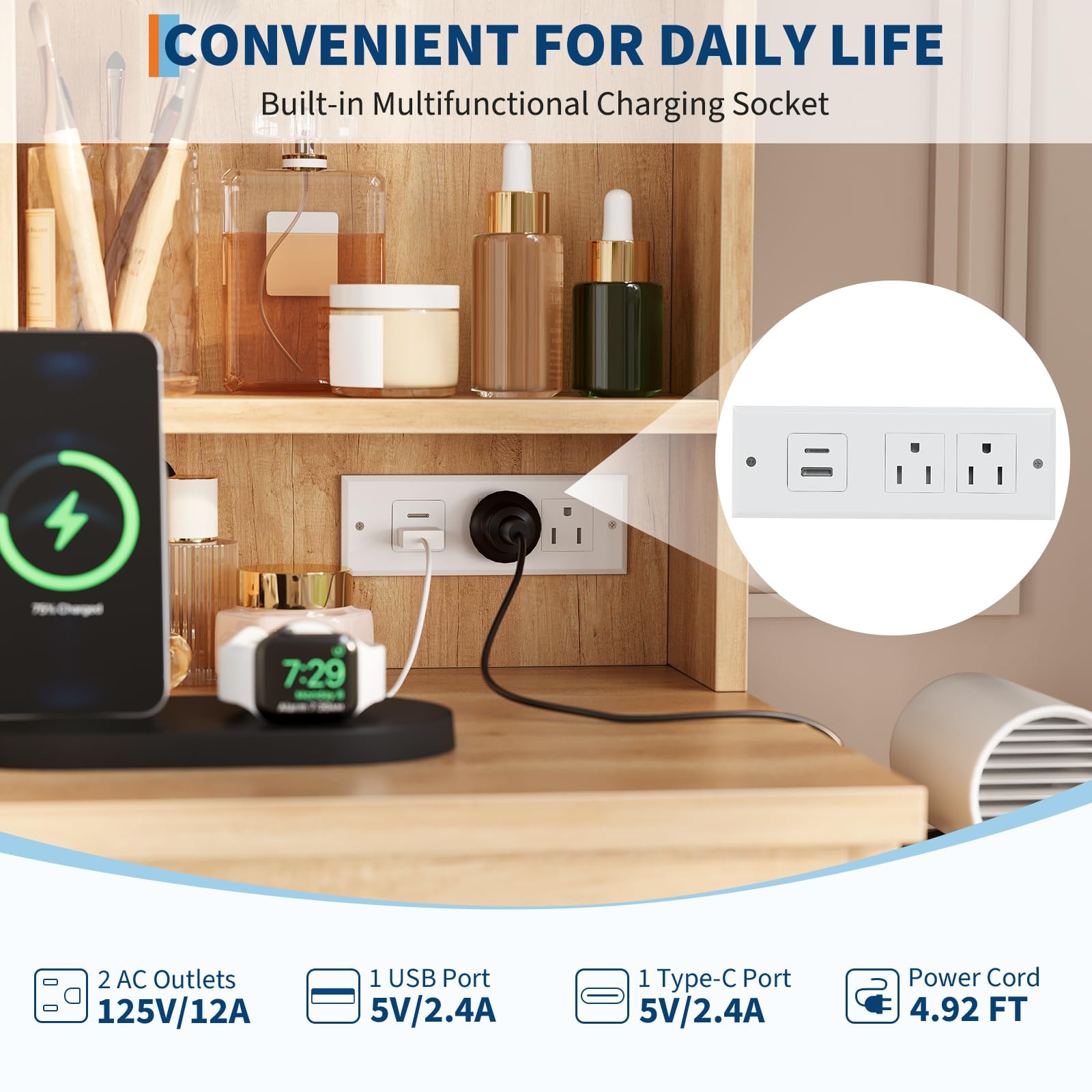 Makeup Vanity Desk with Lighted Mirror, Dressing Table Set with 4 Drawers, Power Outlet, Storage Stool, Storage Shelves, Vanity Mirror 3 Lighting Color Adjustable, Vanity Set for Bedroom, Natural - Image 8