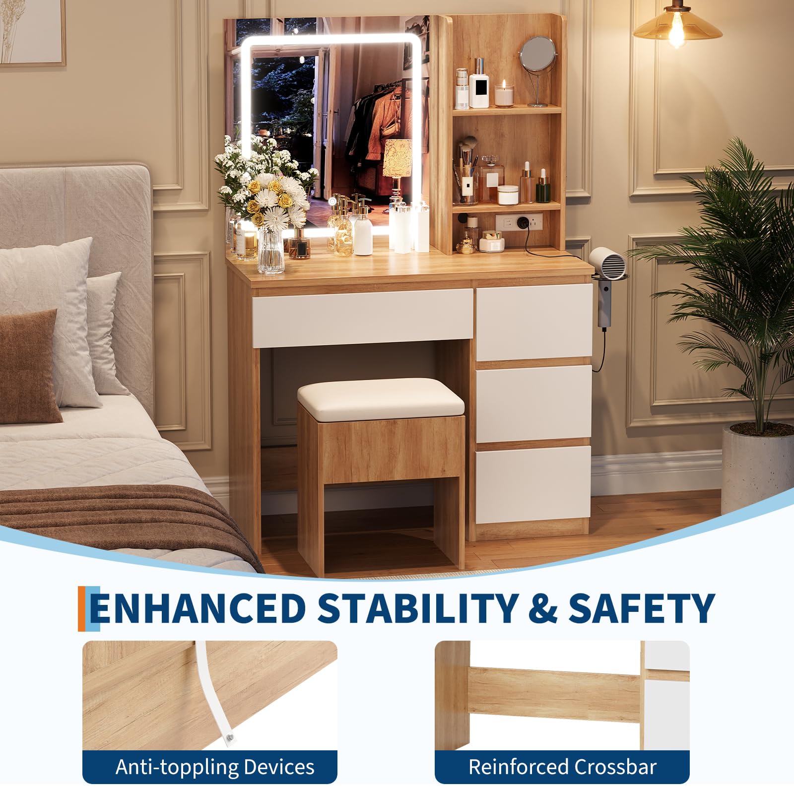 Makeup Vanity Desk with Lighted Mirror, Dressing Table Set with 4 Drawers, Power Outlet, Storage Stool, Storage Shelves, Vanity Mirror 3 Lighting Color Adjustable, Vanity Set for Bedroom, Natural - Image 9