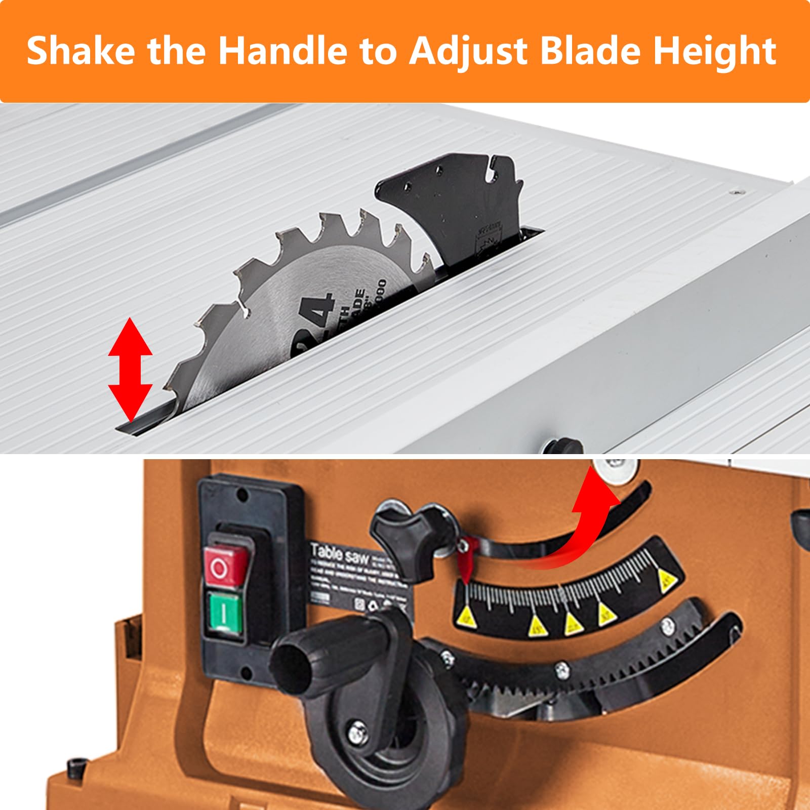 Table Saw, 10 in 15A Multifunctional Saw with Stand & Push Stick for Jobside, 90° Cross Cut & 0-45° Bevel Cut, Cutting Speed Up to 5000RPM, Adjustable Blade Height, Ideal for Woodworking, Orange - Image 3