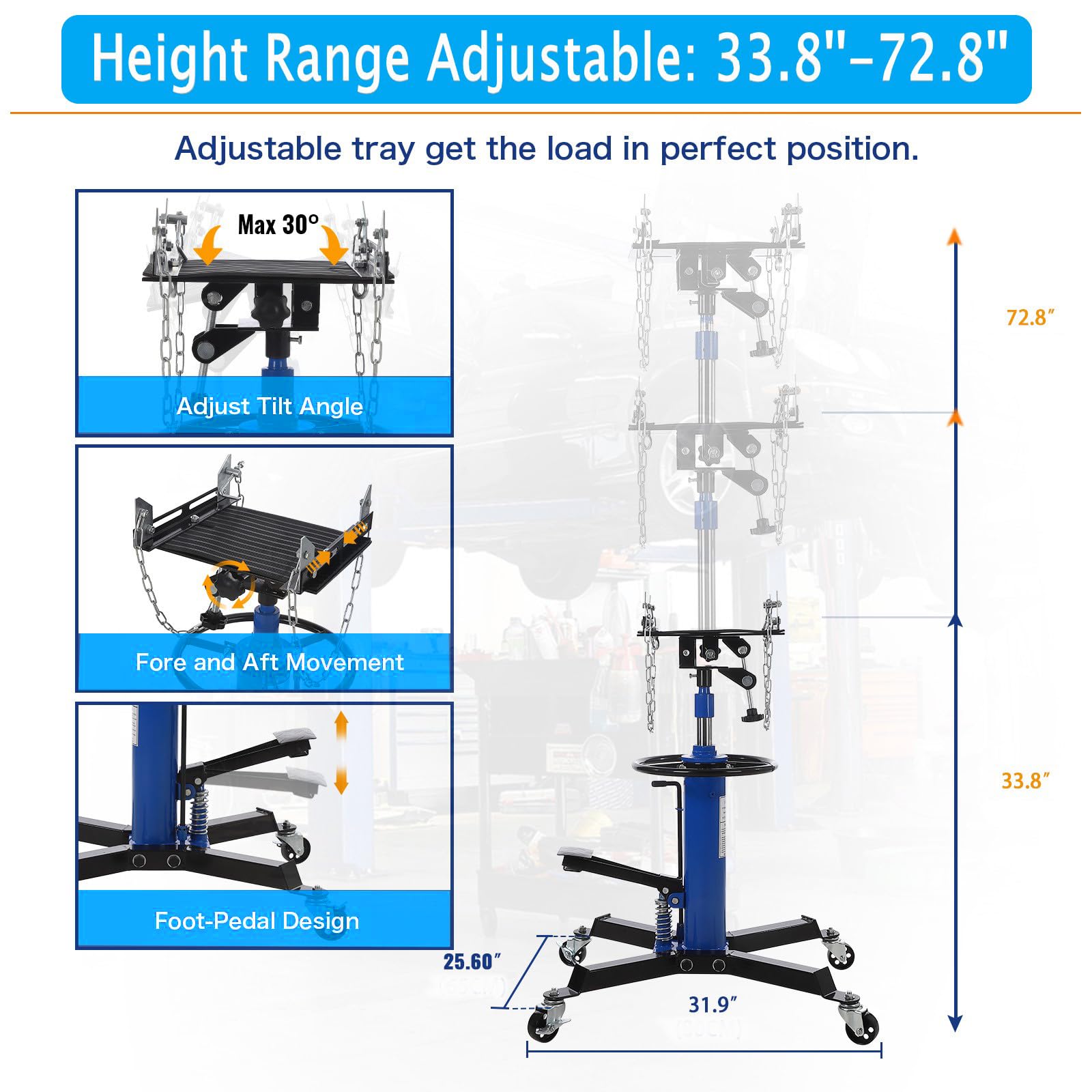Transmission Jack, 0.6 T/1322 LBS Hydraulic Telescopic Transmission Jack, 2-Stage Floor-Standing Transmission Jack, with Foot Pedal, 360° Swivel Wheel, Garage/Workshop/Car Lift, Blue - Image 3