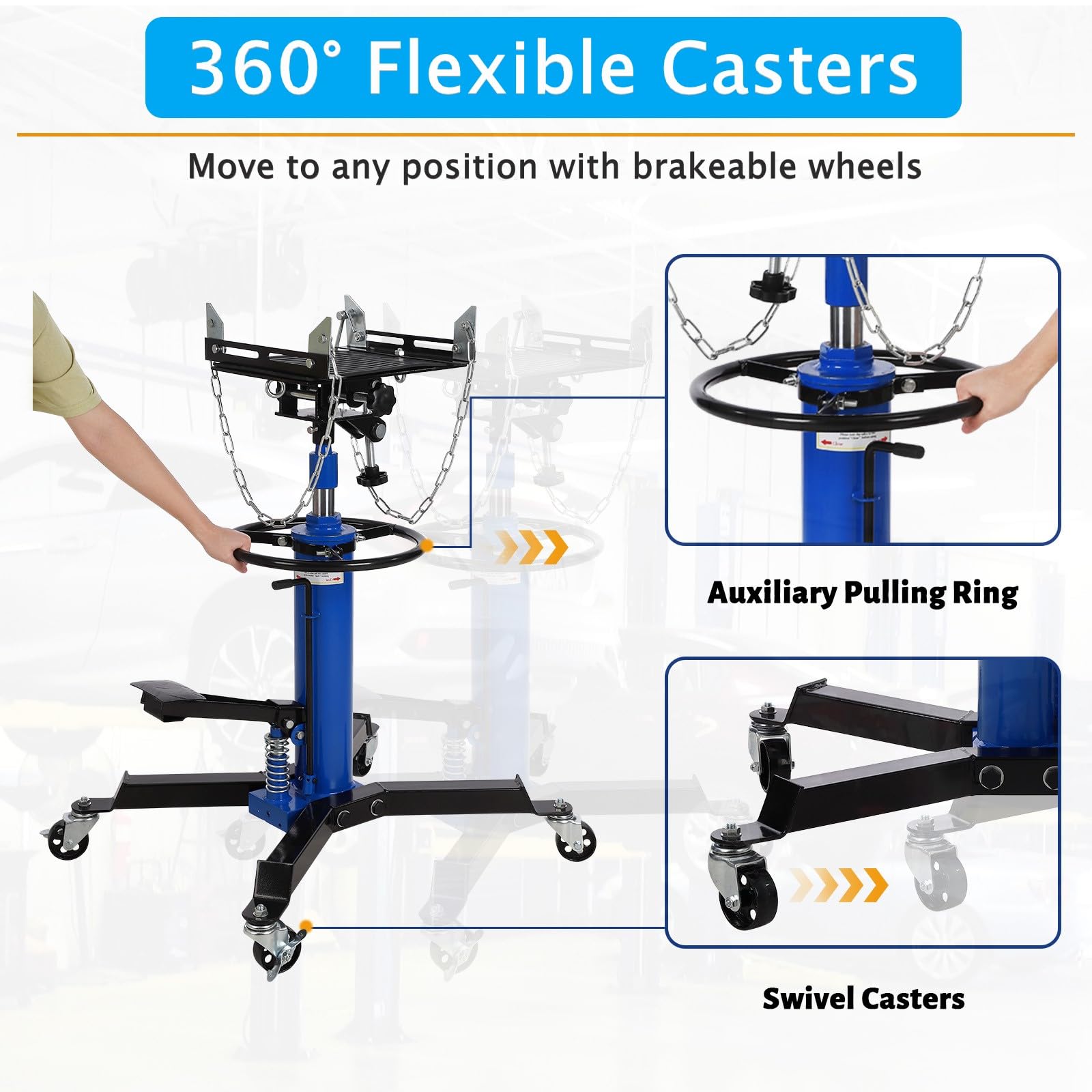 Transmission Jack, 0.6 T/1322 LBS Hydraulic Telescopic Transmission Jack, 2-Stage Floor-Standing Transmission Jack, with Foot Pedal, 360° Swivel Wheel, Garage/Workshop/Car Lift, Blue - Image 4