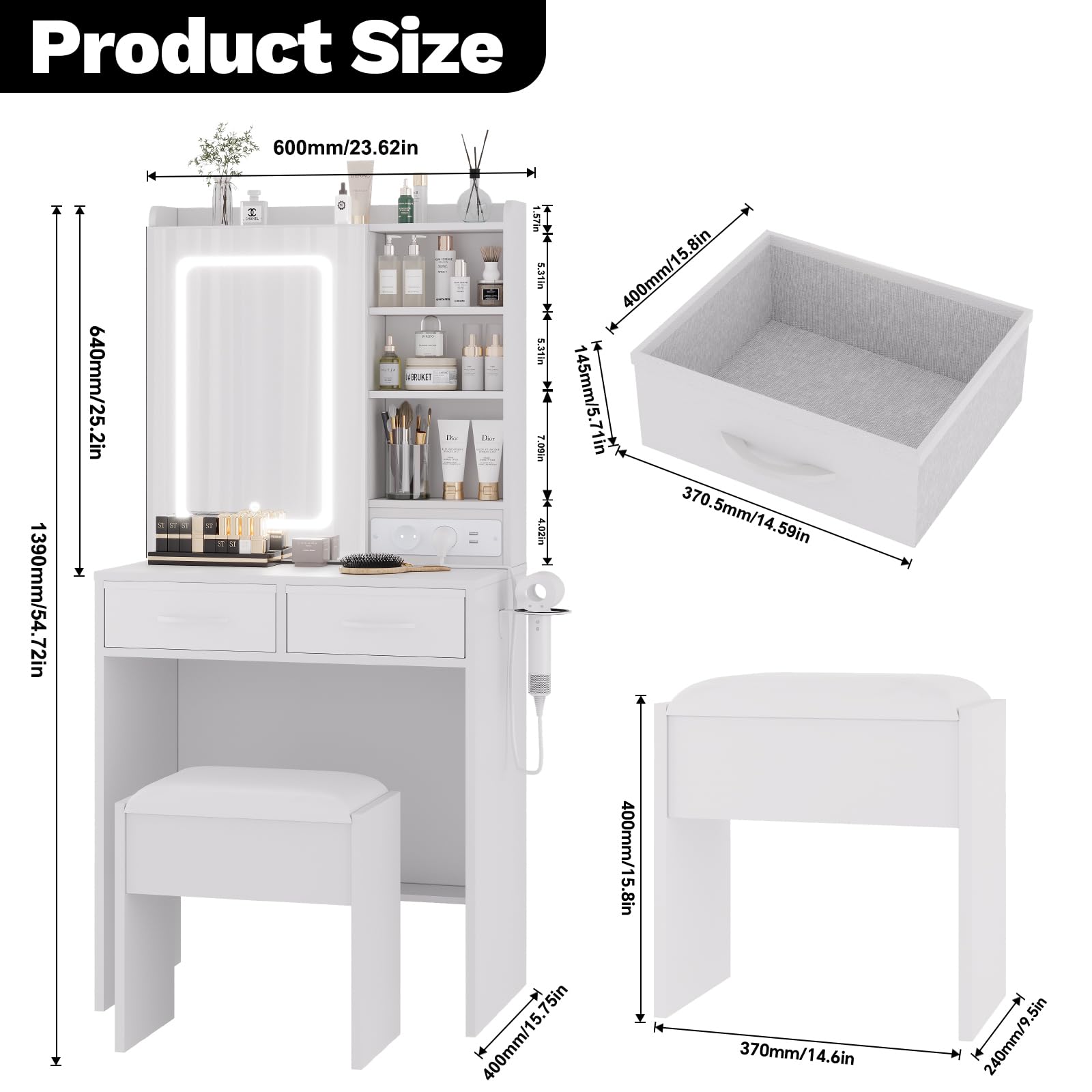 White Makeup Vanity Desk with Mirror and Lights, Vanity Table Set with Charging Station, Dressing Table with Stool, 2 Drawers, Open Shelves, Power Outlets & USB Ports, Vanity Desk with RGB Cabinets - Image 4