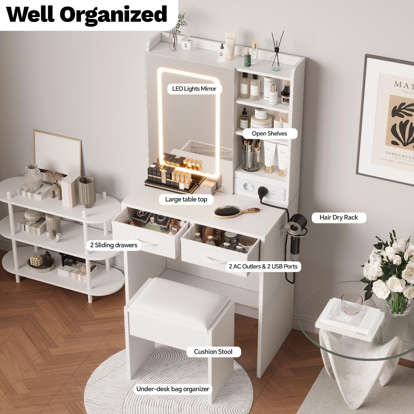 White Makeup Vanity Desk with Mirror and Lights, Vanity Table Set with Charging Station, Dressing Table with Stool, 2 Drawers, Open Shelves, Power Outlets & USB Ports, Vanity Desk with RGB Cabinets - Image 5