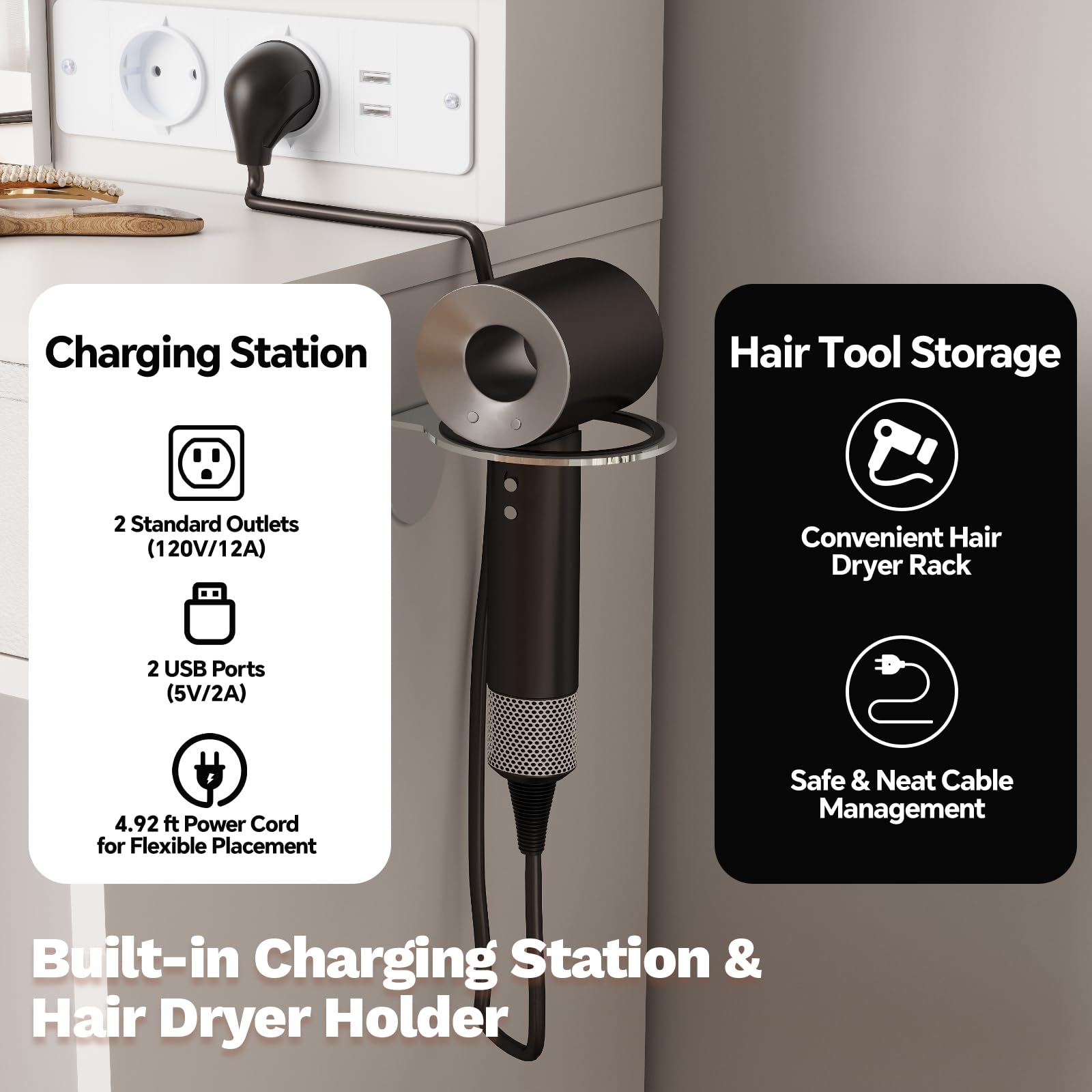 White Makeup Vanity Desk with Mirror and Lights, Vanity Table Set with Charging Station, Dressing Table with Stool, 2 Drawers, Open Shelves, Power Outlets & USB Ports, Vanity Desk with RGB Cabinets - Image 6