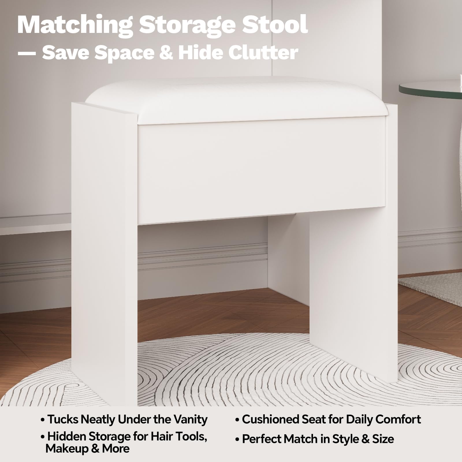 White Makeup Vanity Desk with Mirror and Lights, Vanity Table Set with Charging Station, Dressing Table with Stool, 2 Drawers, Open Shelves, Power Outlets & USB Ports, Vanity Desk with RGB Cabinets - Image 7